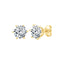 Pair of gold-toned round stud earrings, each featuring a brilliant-cut clear stone held by a six-prong setting.