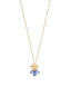 Gold-toned necklace with a textured dome pendant and a cluster of five blue marquise-cut faceted stones.