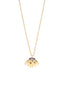Gold-toned necklace with a delicate chain and a pendant featuring an oval purple faceted stone atop textured, fanned gold-ton