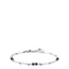 Silver-toned steel bracelet with elongated, faceted bar links and small black spherical agate stones, featuring a lobster cla