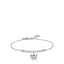 Silver-toned steel chain bracelet with a row of clear zircons and a polished butterfly charm dangling below.