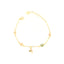 Gold-toned chain bracelet with a bee charm and multiple flower charms in pink, green, and white with clear stones.
