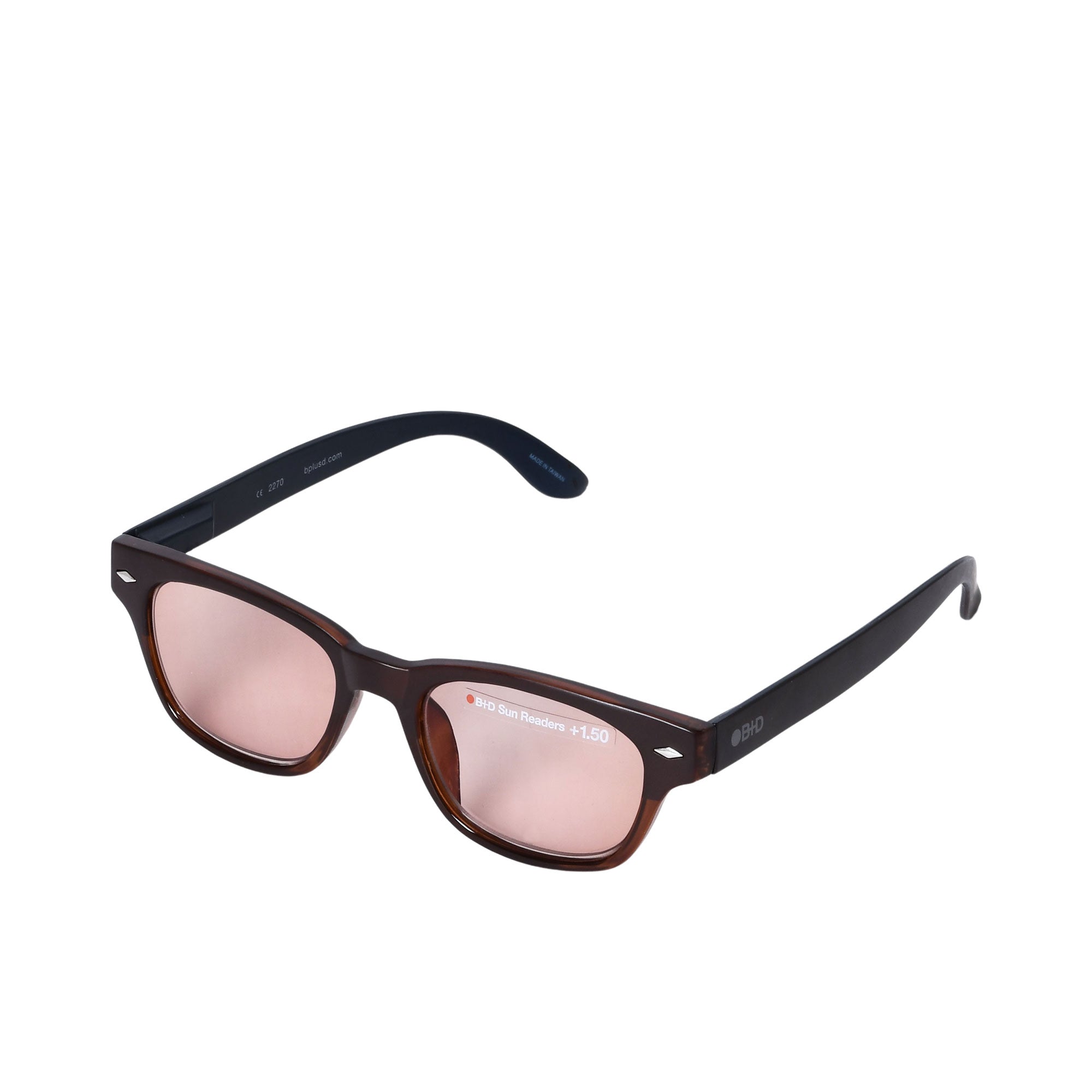 B+D BIO Sun Readers +1.50 with dark Wayfarer-style frame and tinted rose-brown lenses for stylish outdoor reading. Available for Online Purchase.