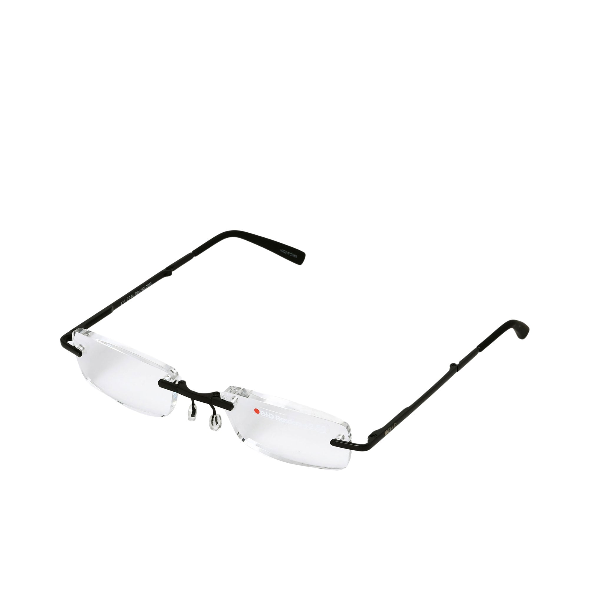 B+D Unisex Black Rimless Reading Glasses with Clear Lenses — Available Online Today.