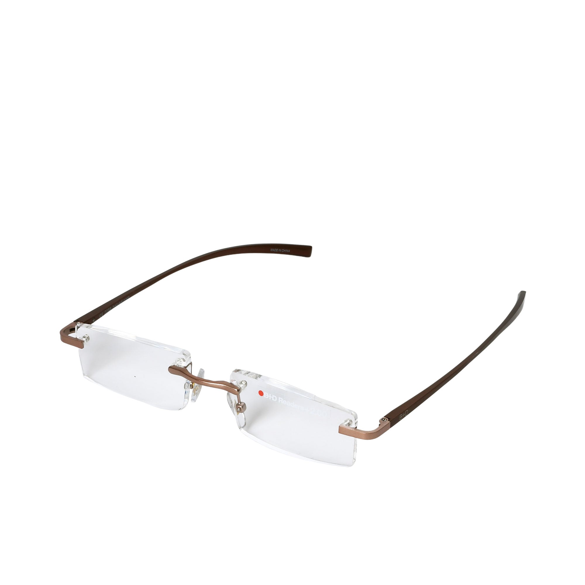 B+D Unisex Bronze/Brown Rimless Reading Glasses with Clear Lenses — Shop Now Online.