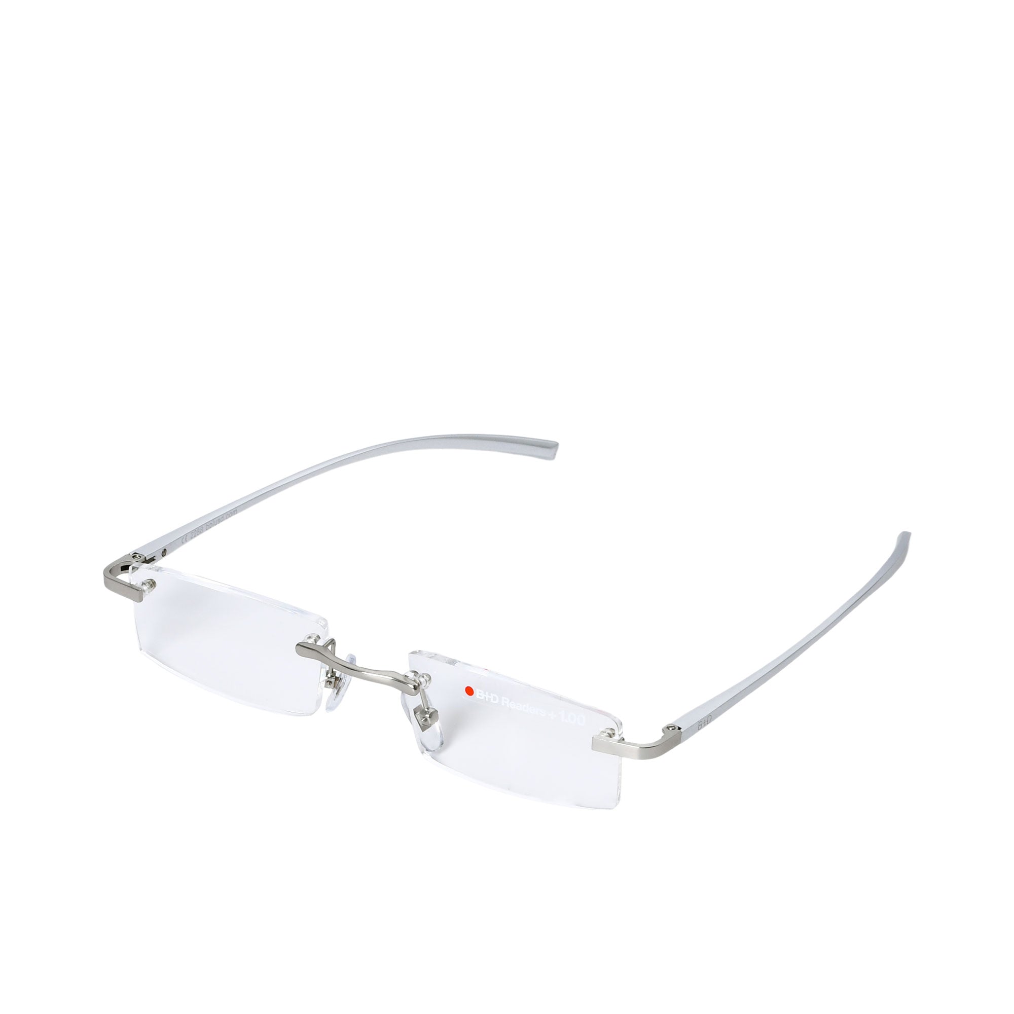 B+D Unisex Silver Rimless Reading Glasses with Clear Lenses — Available for Online Purchase.