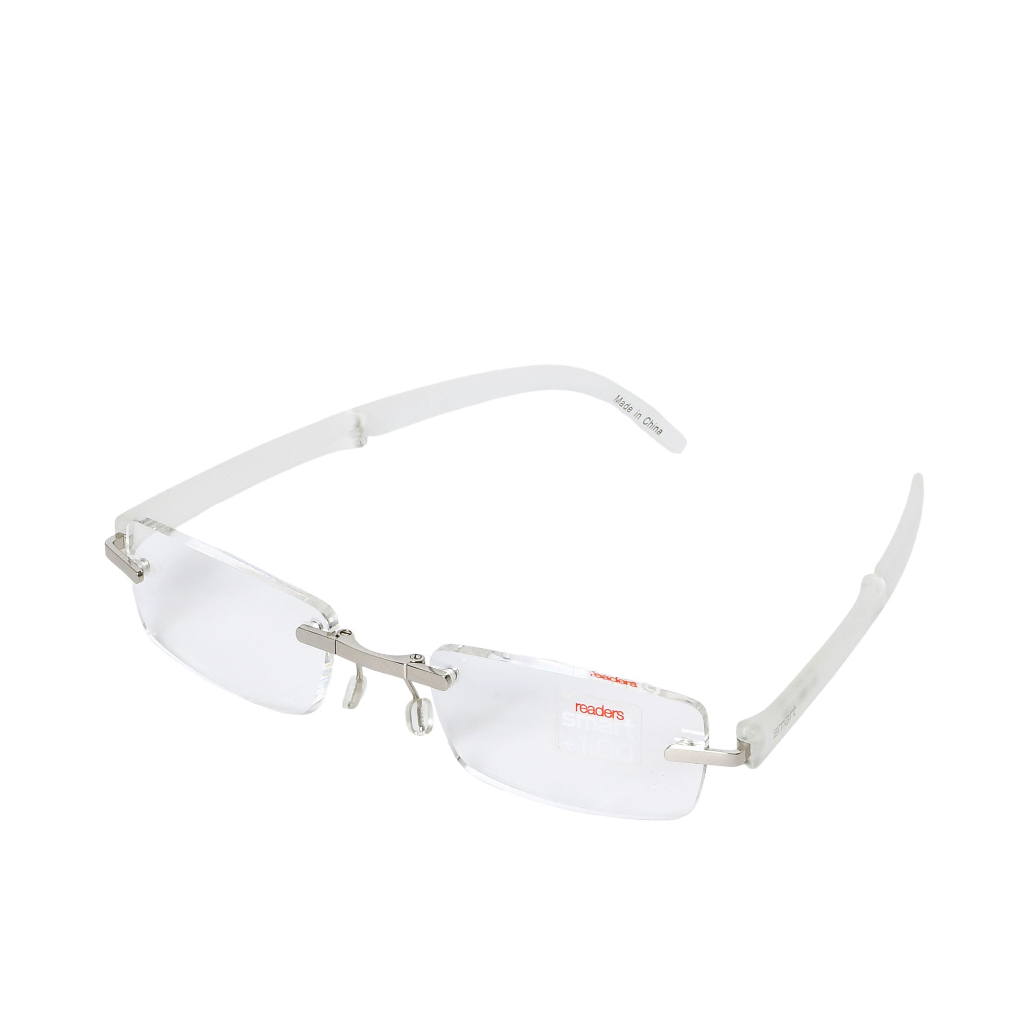 B+D Unisex Silver and White Rimless Reading Glasses with Clear Lenses — Find Online Today.