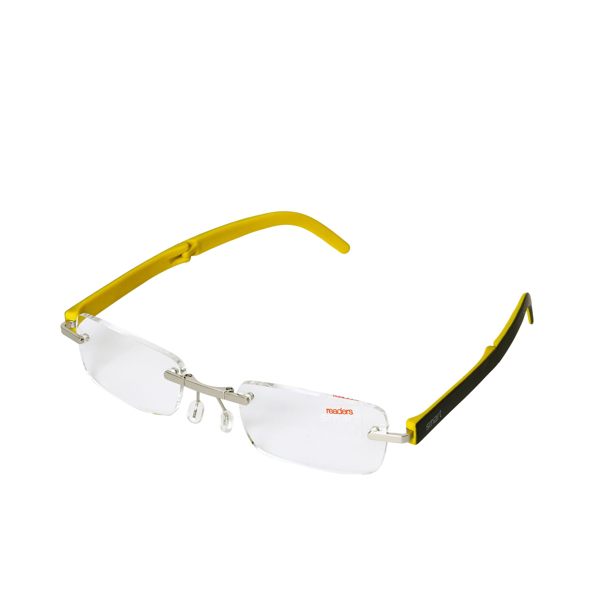 B+D Unisex Silver and Yellow Rimless Reading Glasses with Clear Lenses — Now Online.