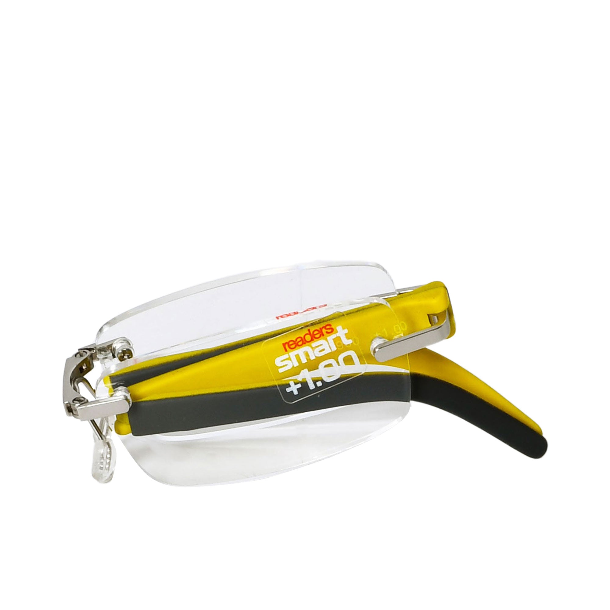 B+D Unisex Silver and Yellow Rimless Reading Glasses with Clear Lenses — Now Online.