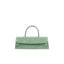 Front view of the BY FAR Mini Longa top handle bag in fresh green croco-embossed leather featuring an elongated rectangular shape and a single curved handle against a light grey background.