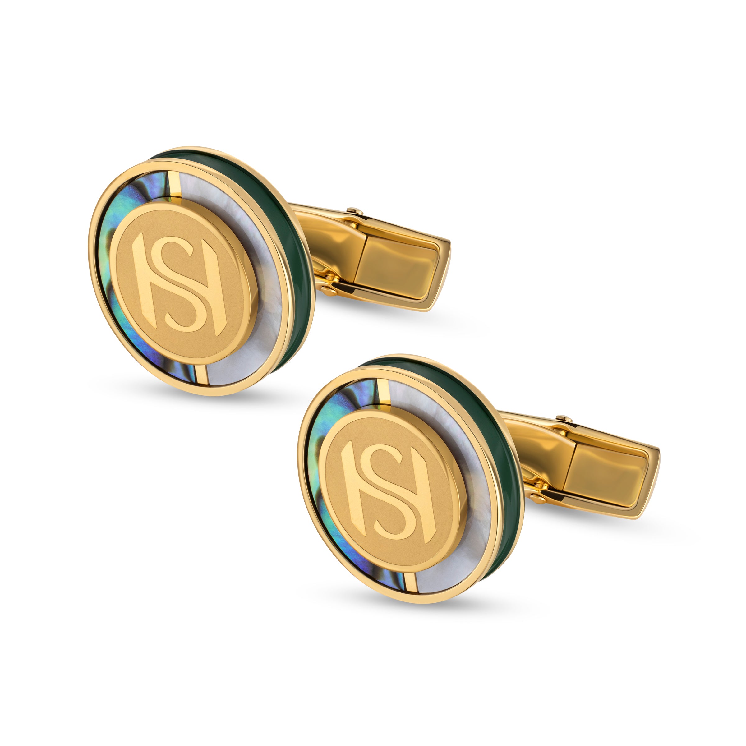 Saint Honore Mother of Pearl Dark Green Cufflinks with Polished Gold Plating