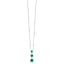 Silver-toned steel necklace with three graduated square-cut green zircons in prong settings, arranged vertically.