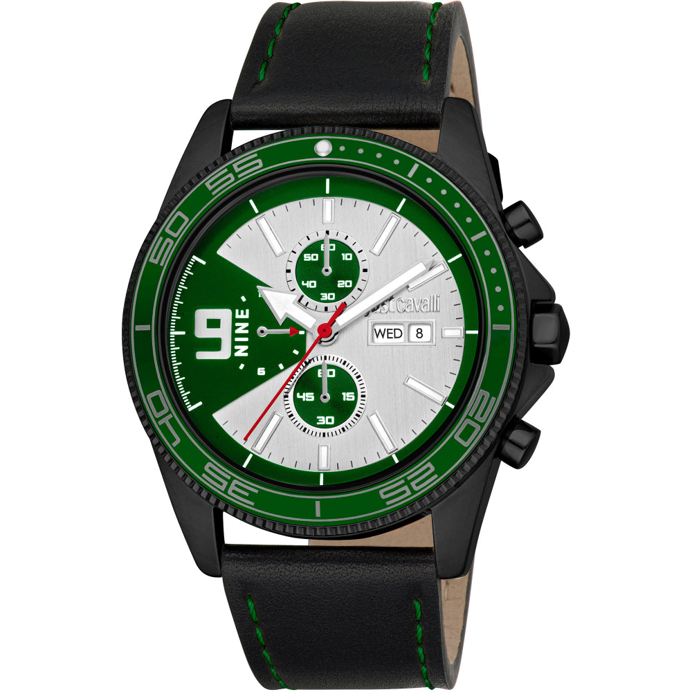 Just Cavalli Subversia Gents Silver Green Dial Black Color Case Black Leather Strap Watch