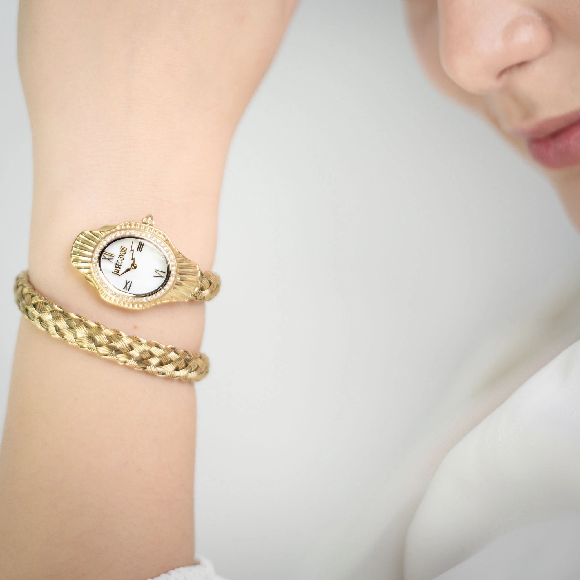 Just Cavalli Twined Ladies Mother-of-pearl dial Braided Yellow Gold-Tone Stainless Steel Watch