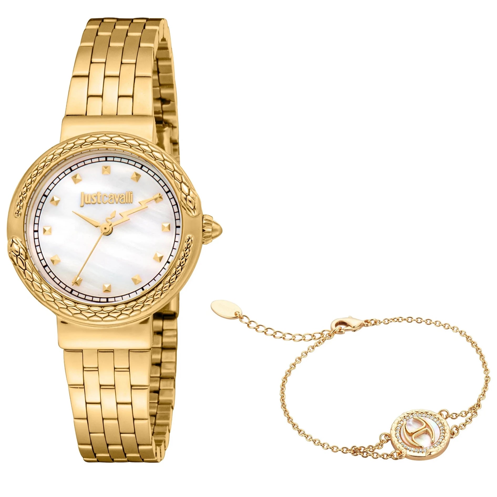 Just Cavalli Brave Snake Ladies White MOP Dial Yellow Gold Watch and Bracelet Set