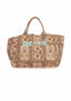 Front view of Just Cavalli women's multicolor baroque tile print canvas beach tote bag with dual top handles