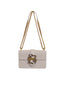 Front view of Just Cavalli women's black leather chain shoulder bag featuring signature gold-tone snake buckle and chain strap