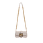 Front view of Just Cavalli women's black leather mini chain shoulder bag with signature gold-tone snake buckle and long chain strap