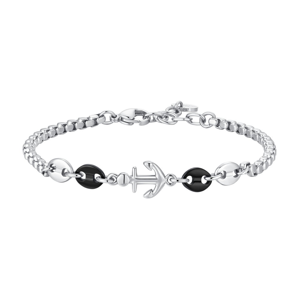 Luca Barra Men’s steel bracelet featuring an anchor design with black IP steel elements, modern masculine style, Shop Online Today at Paris Gallery Qatar