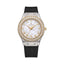 Front view of Monteva women's silver and gold watch featuring white mother-of-pearl dial, gold-tone Eastern Arabic numerals, sparkling crystal-set bezel and black ribbed strap