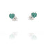 Pair of small heart-shaped stud earrings with green pavé-set stones and silver-toned posts and butterfly backs.