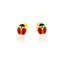 Pair of gold-toned stud earrings shaped like ladybugs, with red and black enamel detailing on a white background.