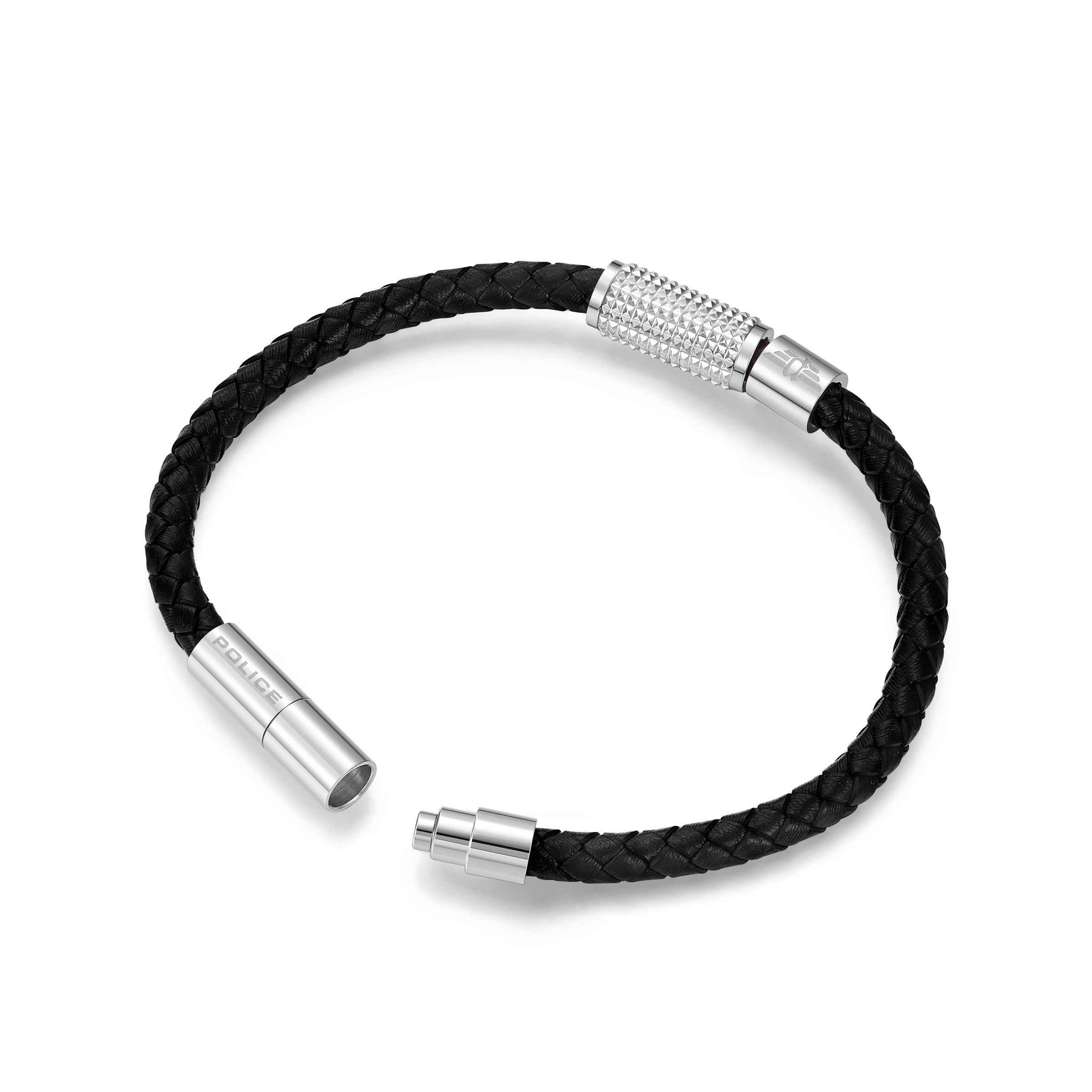 POLICE URBAN TEXTURE SHINY SS CHARMS BLACK LEATHER BRACELET