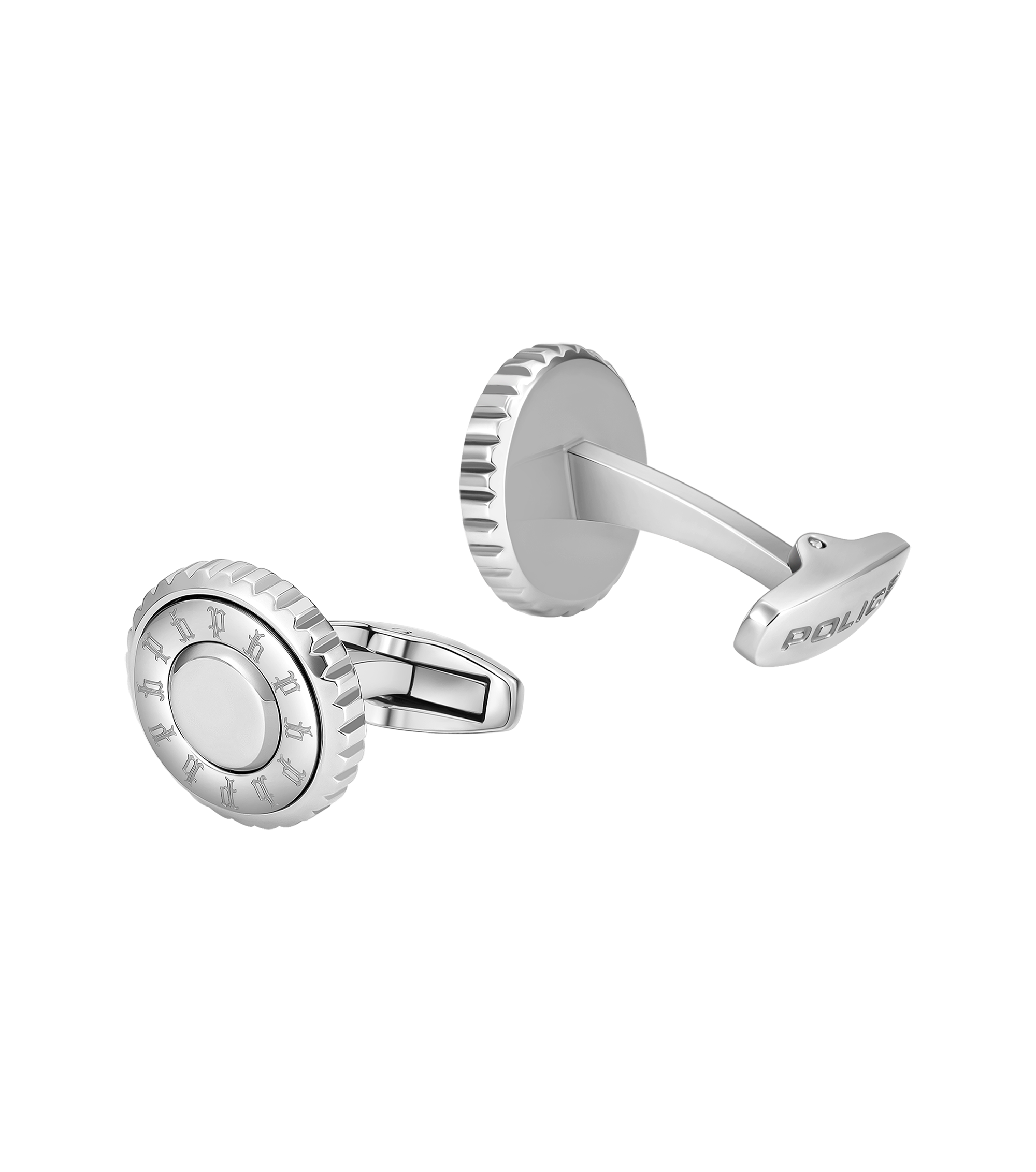Police Fluted Stainless Steel Cufflinks with Multi-P Emblem