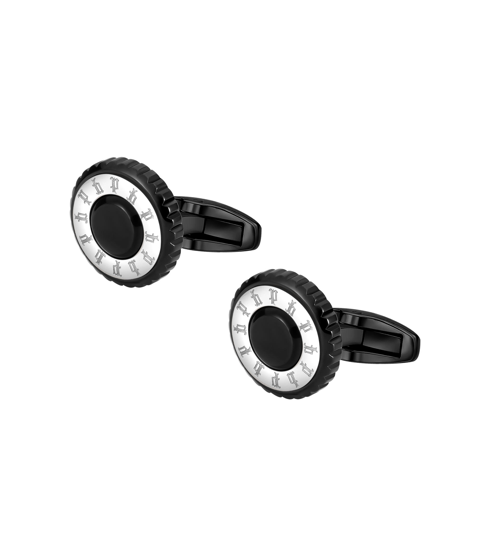 Police Fluted Black & Stainless Steel Cufflinks with Multi-P Emblem
