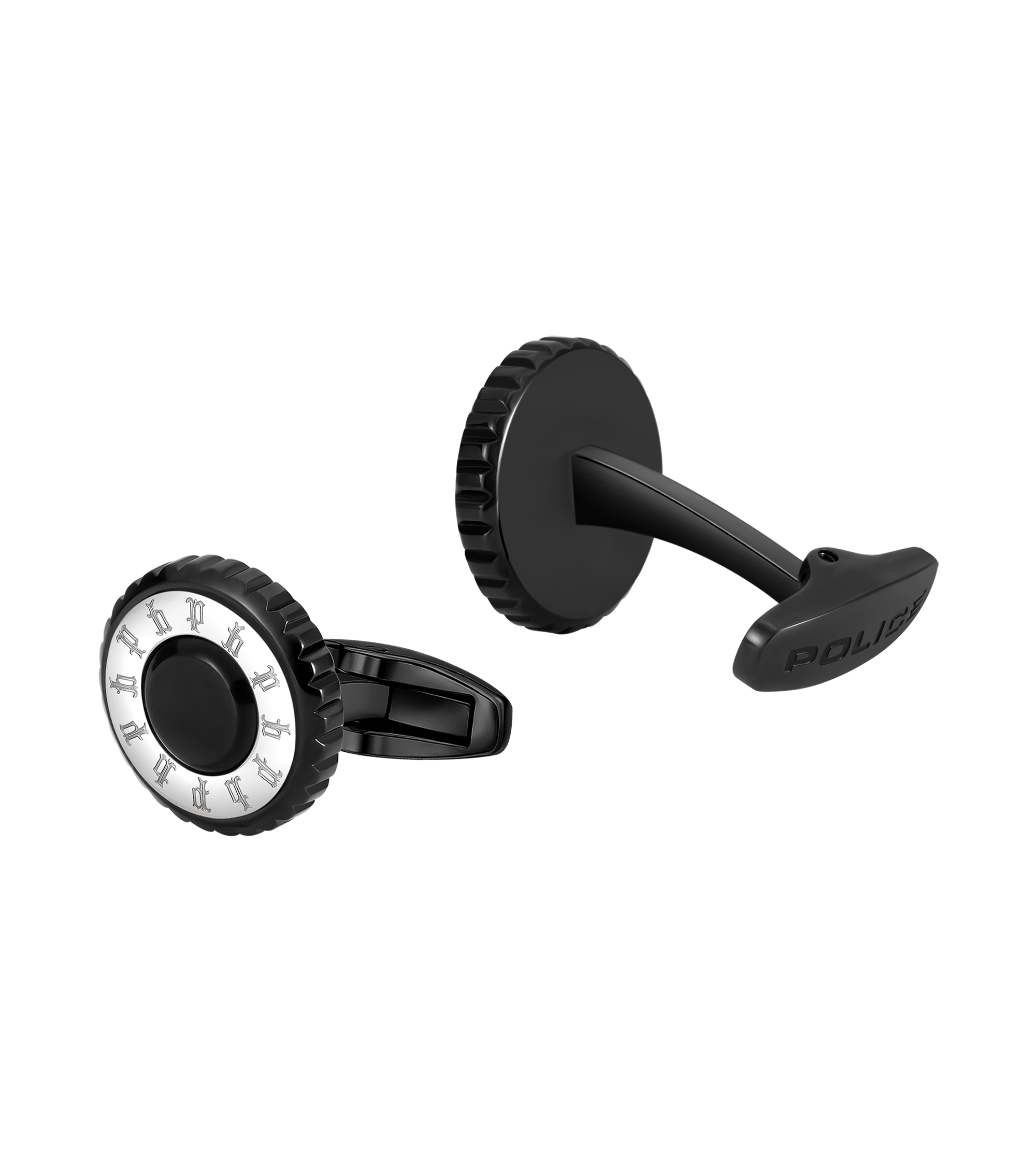 Police Fluted Black & Stainless Steel Cufflinks with Multi-P Emblem