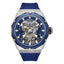 Police men's watch with a silver-toned angular case, blue skeleton dial, and blue silicon strap.