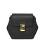 Black pebbled leather hexagonal bag with a flap closure, gold-toned PIUMELLI logo, and a stylized gold-toned clasp.