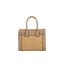 Small beige leather handbag with a rectangular cane weave panel on the front, two top handles, and gold-toned feet.