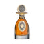 Amber liquid perfume in a teardrop-shaped glass bottle with a dark grey base, ornate gold-toned cap, and black patterned meda