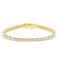 Gold-toned tennis bracelet with a continuous line of round, clear simulated diamonds and a box clasp.
