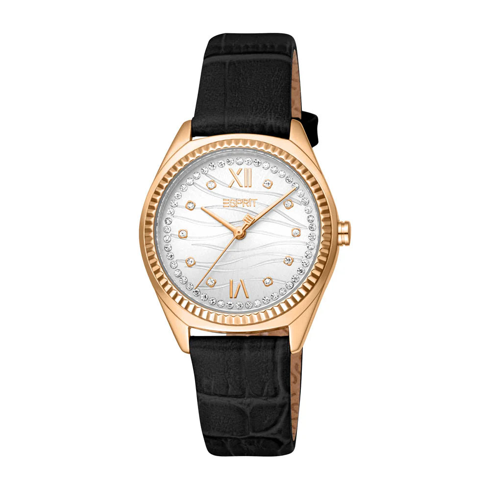 Esprit Uma S Ladies Silver Dial Black Leather Strap Watch