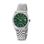 Guy Laroche Rosalie men's luxury watch featuring a forest green dial with gold-tone markers and a silver stainless steel fluted case.