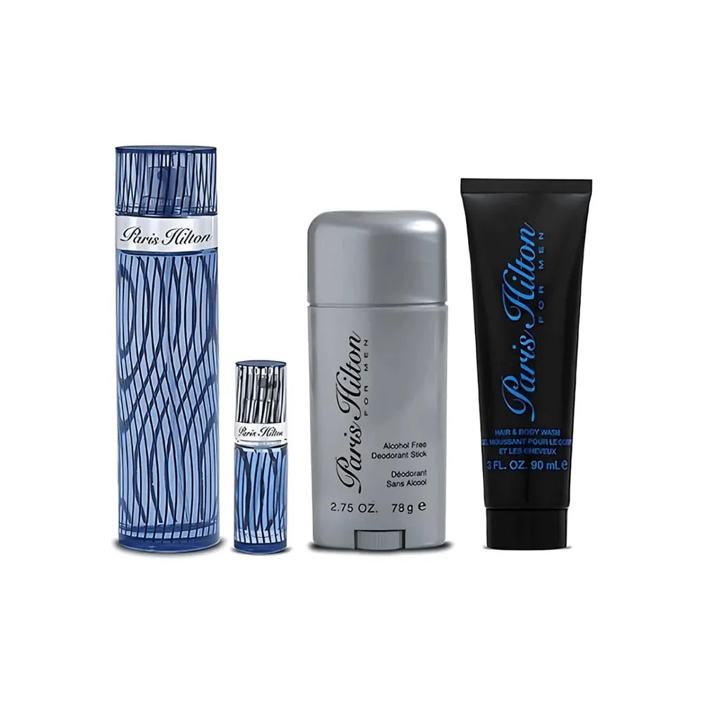 Paris Hilton Gift Set for Men – 100ml EDT + Hair & Body Wash + Deo Stick + 8ml EDT at Paris Gallery Qatar