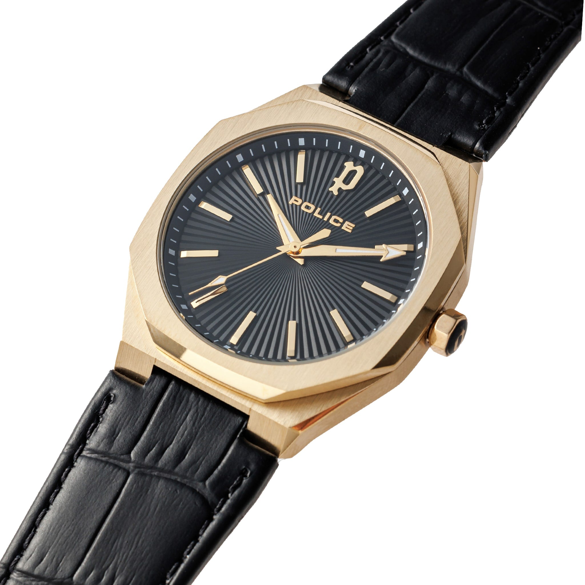 Police Gents Gold-Tone Watch with Black Dial and Leather Strap