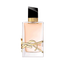 Rectangular clear glass perfume bottle with pale liquid, gold-toned YSL logo, textured gold collar, and an angled black cap.
