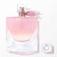 Lancome La Vie Est Belle Eau de Parfum bottle with light pink liquid, rose-gold toned sprayer, and pink glittery petal embell