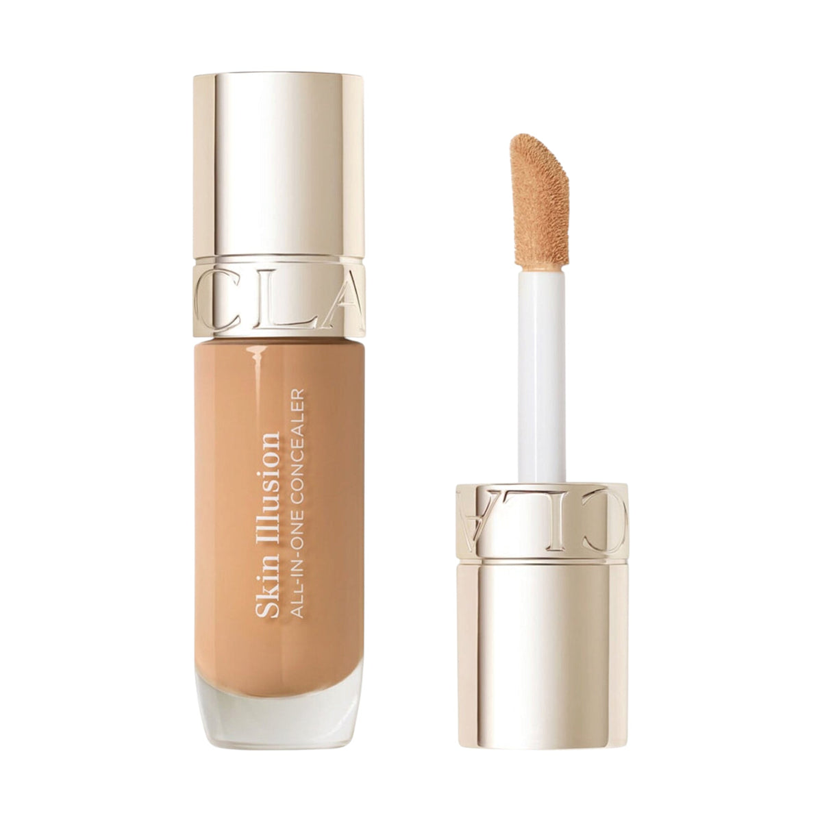 Clarins Skin Illusion All-in-One Concealer in a medium beige shade, in a clear glass bottle with a gold-toned cap and a flock