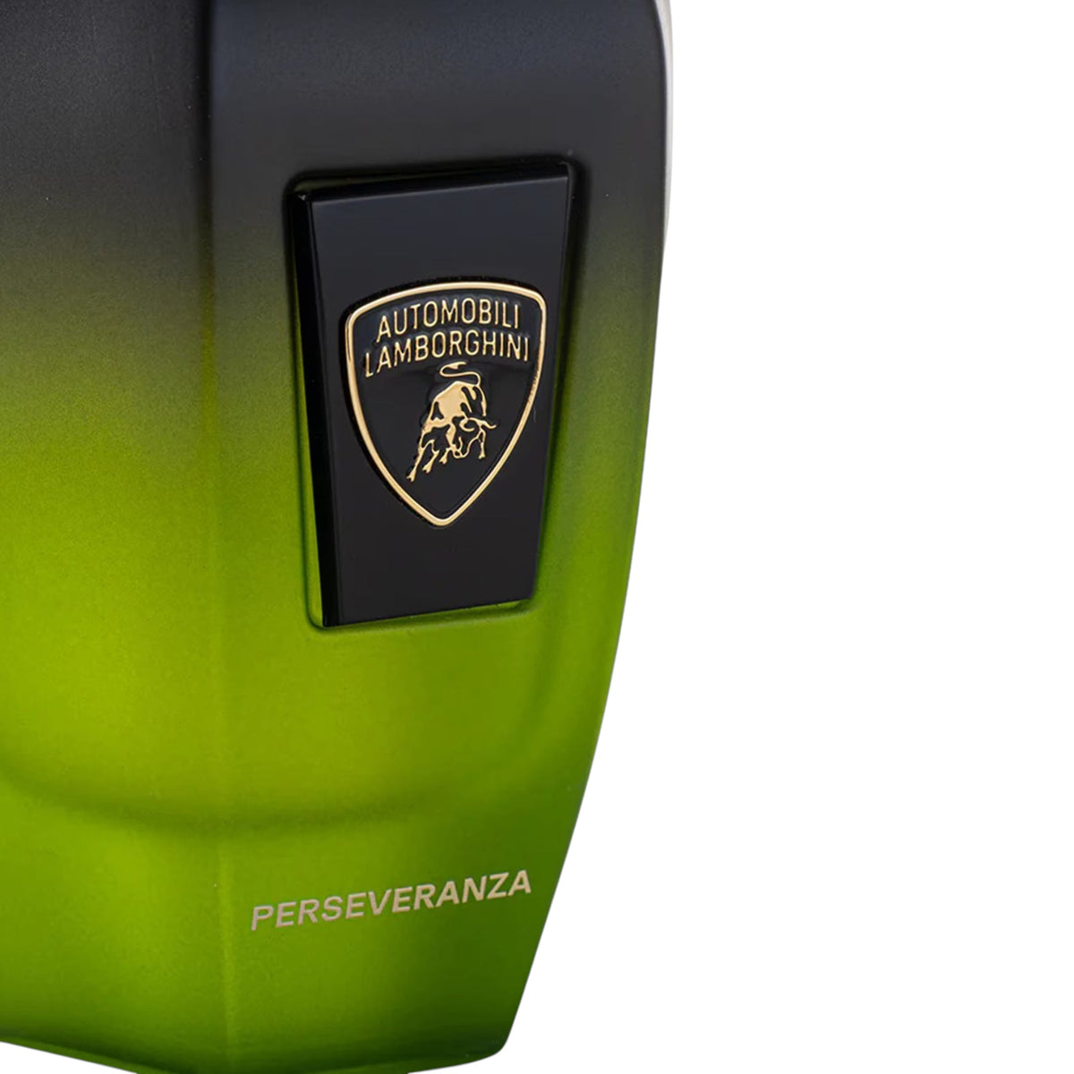 Ombre perfume bottle, black fading to lime green, with a black plaque featuring a gold-toned Lamborghini emblem and "PERSEVER