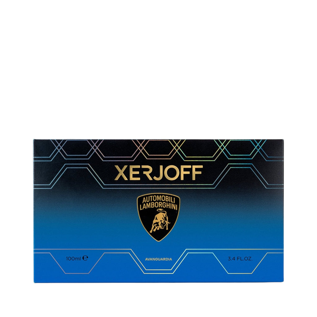 Rectangular perfume box with a black to blue gradient, gold-toned geometric lines, 'XERJOFF' and 'AVANGUARDIA' text, and a go