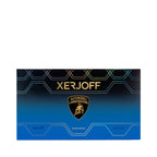 Rectangular perfume box with a black to blue gradient, gold-toned geometric lines, 'XERJOFF' and 'AVANGUARDIA' text, and a go