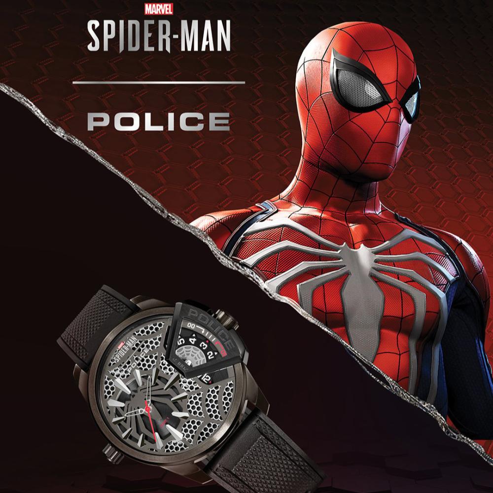 Police Spider Man Men's Watch - All Black - Spider Web Skeleton Dial