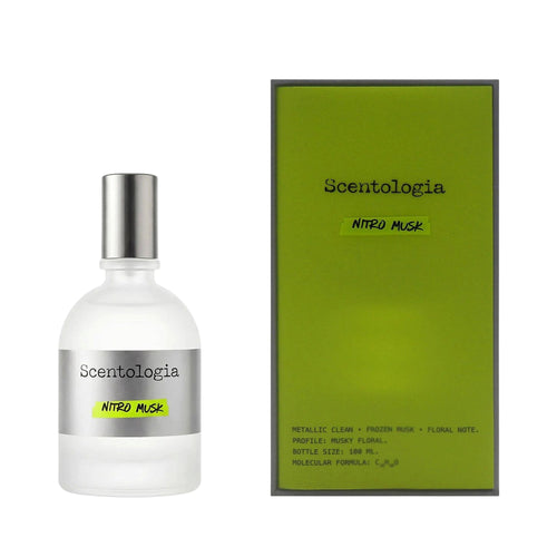 Frosted glass Scentologia Nitro Musk EDP 100ml bottle with a silver-toned cap, next to its green rectangular packaging box.