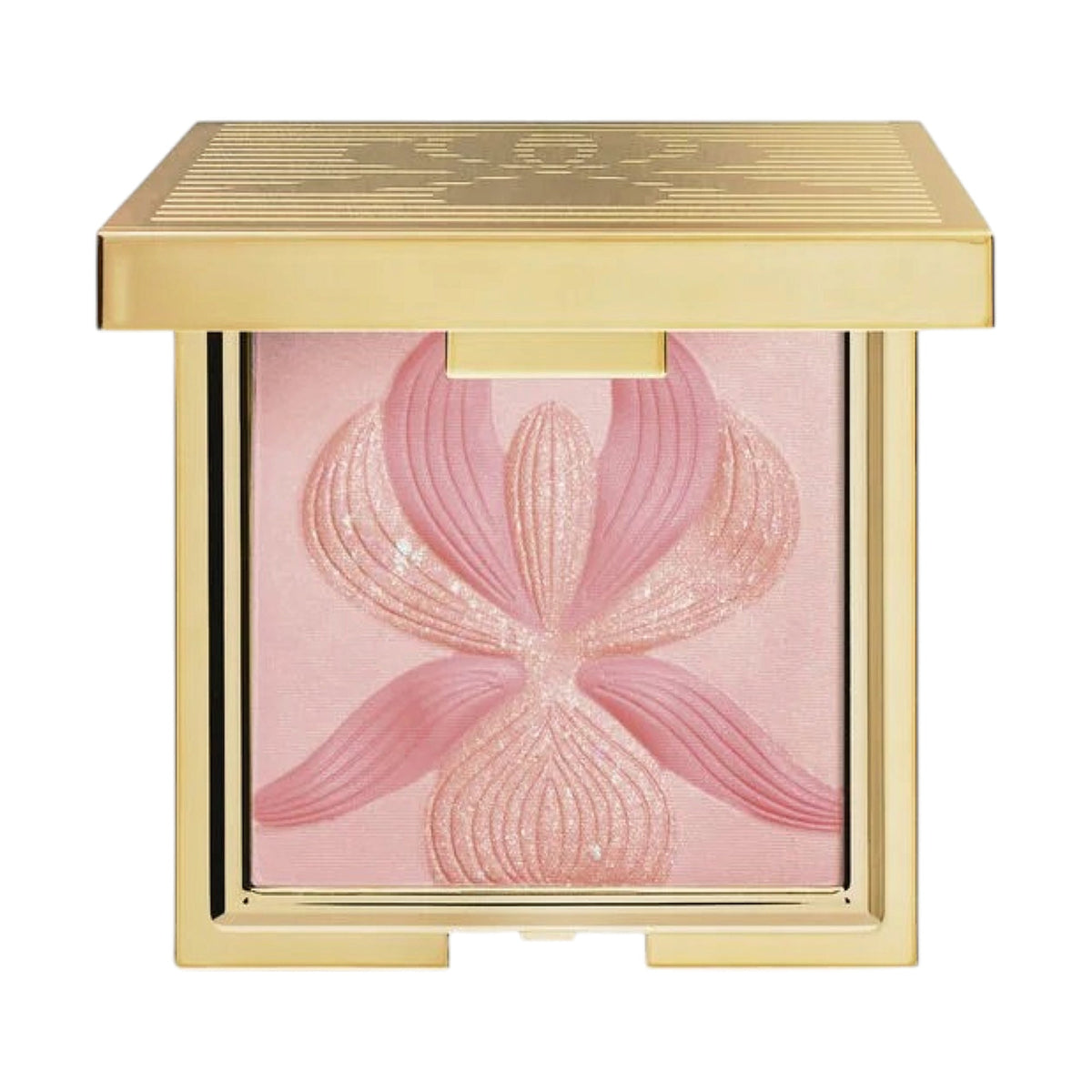 Pink compact powder with an embossed floral design in a gold-toned square case. Main image