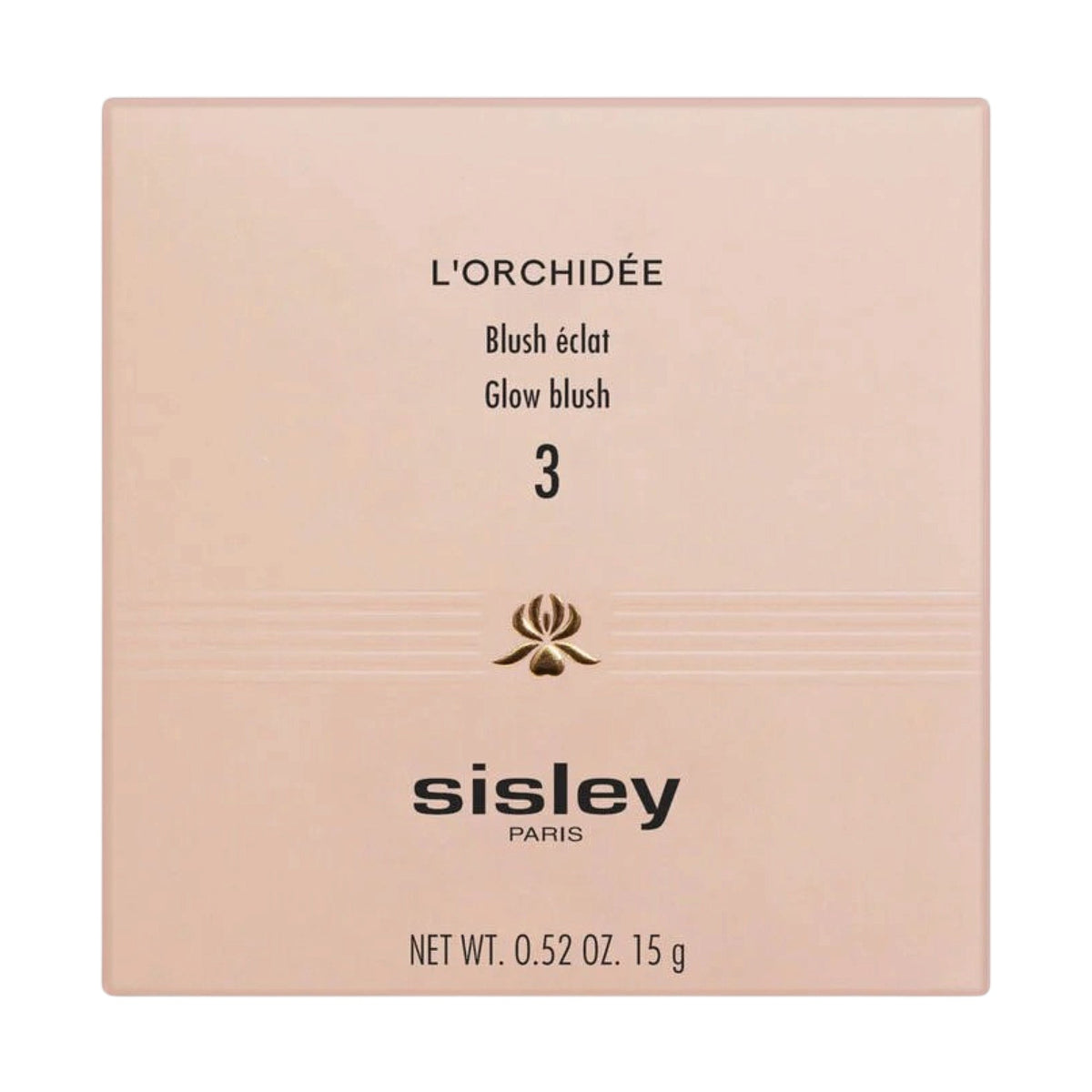 Light peach-pink square compact with gold-toned orchid design and 'L'ORCHIDÉE Glow blush 3 Sisley PARIS' text.