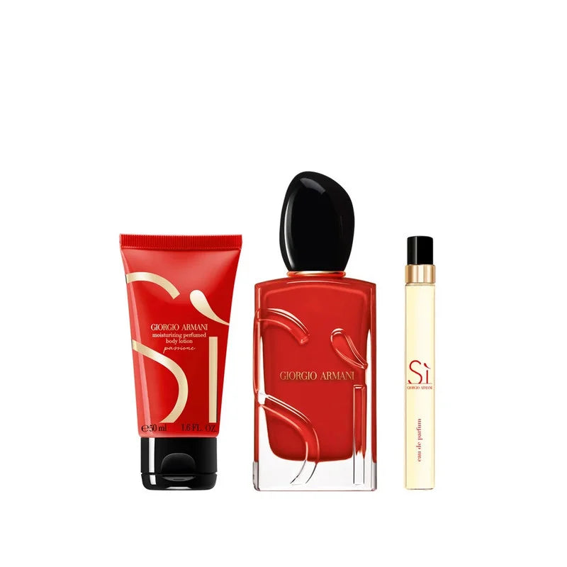 Red Giorgio Armani Si Passione fragrance gift set with a 100ml perfume bottle, a 50ml body lotion tube, and a 10ml travel spr Main image